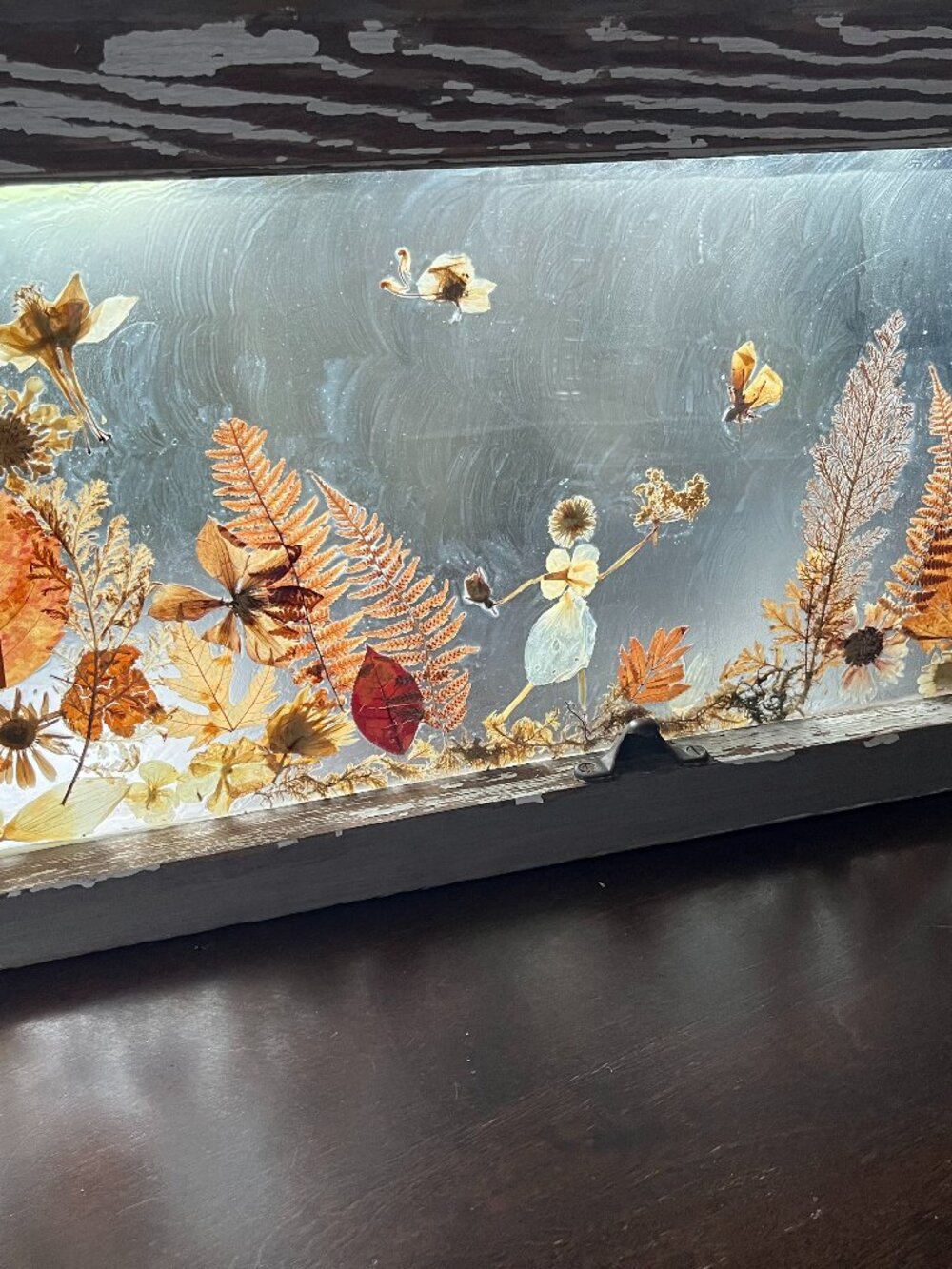 Vintage Antique WINDOW ART Pressed Flowers HANDCRAFTED 28 in x 13 in Alberta CA